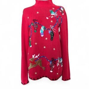Basic Editions Holiday Sweater Small Red Stocking Garland Novelty Christmas